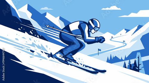 Dynamic vector illustration of a professional skier racing downhill on a pristine snow-covered mountain slope, embodying winter sports and adventure.