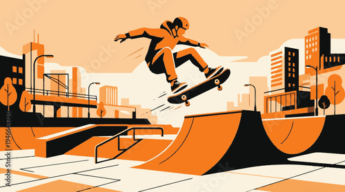 Dynamic illustration of a skateboarder performing a jump trick on a ramp in an urban skatepark with city buildings, active youth culture.