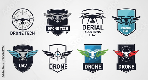 Collection of Drone Tech Logos with Shield and Wing Elements.