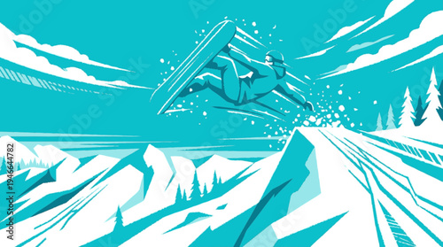 Dynamic snowboarder jumping high over snowy mountains, a thrilling winter sports vector illustration with action and snow.