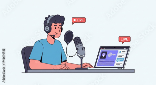 Young Podcaster Hosting Live Audio Show with Laptop and Microphone – Online Streaming Studio Vector