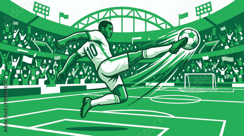 Dynamic soccer player kicking a football in a stadium with a cheering crowd, action shot, green monochromatic illustration.