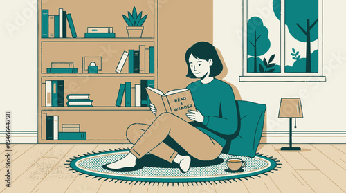 Relaxed woman reading a book at home, enjoying quiet leisure time in a cozy living room setting. Modern illustration.