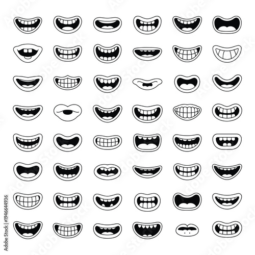 Doodle mouth, funny cartoon pop art style with smile, anger, and scary face expressions, showing teeth and tongue, playful vector illustration for comics, stickers, and creative design.
