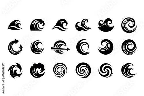 Collection of 16 unique wave and swirl graphics in black and white