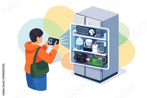 Person taking photo of open refrigerator interior with food and drinks.
