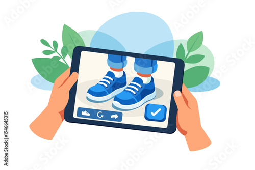 Person viewing shoes on tablet screen with checkmark.
