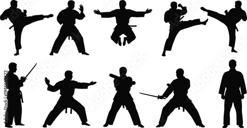 Martial Arts Silhouettes Set Featuring Karate Fighters Training With Katana Sword Performing Kicks Punches And Action Poses In Traditional Kimono Uniform