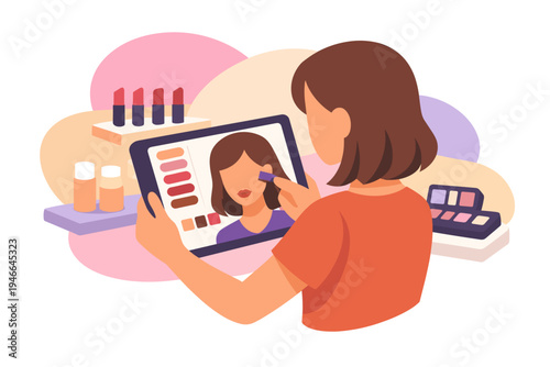 Woman applying makeup using a digital tutorial on a tablet screen.