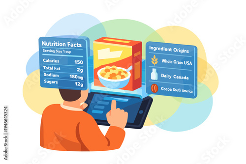 Person using augmented reality to view food nutrition facts and ingredients.
