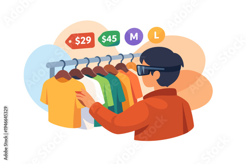 Person wearing VR headset shopping for clothes online.