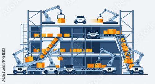 Modern warehouse automation vector with robotic picking system and logistics technology
