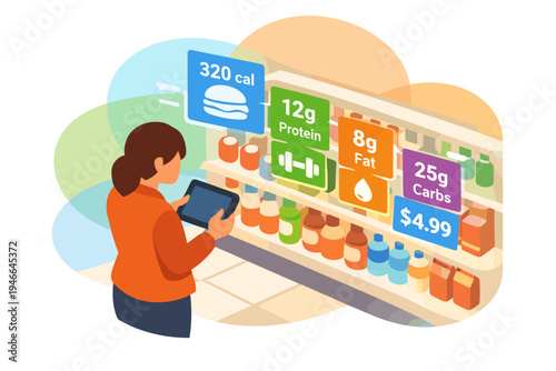 Woman using tablet to check nutritional information on grocery store shelves.