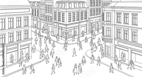Detailed Line Art of a Bustling City Intersection.