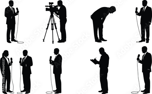 Professional Media Silhouettes Set Featuring News Reporters Journalists Camera Operator and Anchors Conducting Interviews Reporting and Recording in Studio or Field