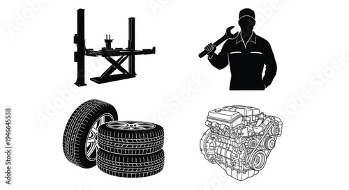 A mechanic's tools and car parts in a garage