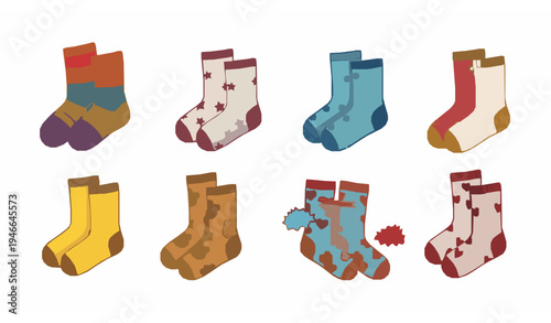 Kids’ cartoon socks vector illustration set with colorful fun patterns for clothing and educational designs