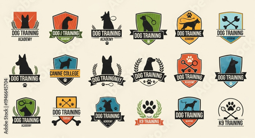 Collection of Dog Training Logo Designs with Silhouette Dog Images.