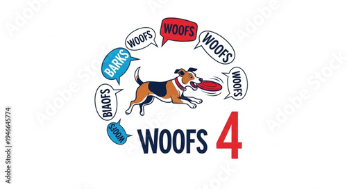 Dog playing fetch with a frisbee surrounded by speech bubbles.