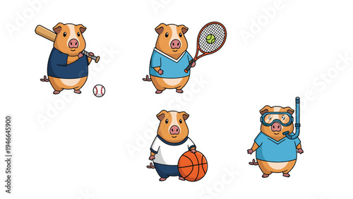 Cute Cartoon Guinea Pigs Playing Sports Set: Baseball, Tennis, Basketball & Snorkeling Rodents