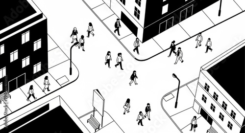 Black and white illustration of people crossing a city street intersection.
