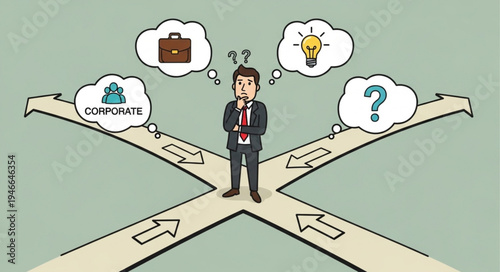 Businessman at crossroads making decision.