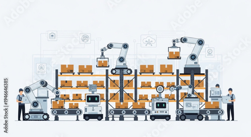 Industry 4.0 warehouse vector with robotic arms and autonomous delivery vehicles