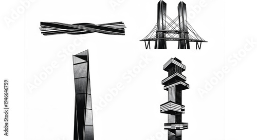 Architectural sketches of modern bridges and towers