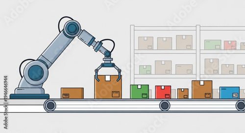Smart fulfillment center vector illustration with automated robots and package handling system