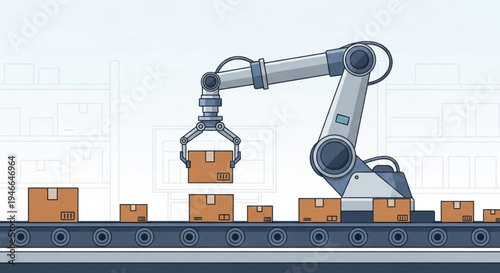 Robotic warehouse logistics vector with conveyor belt parcel sorting and AI technology