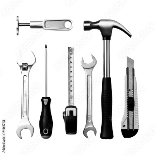 Set of hand tools in halftone engraving style. Hammer, wrench, screwdriver, ruler and cutter illustration representing construction, repair, maintenance, and workshop equipment isolated on light backg