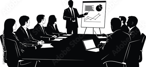Black silhouette illustration of corporate business meeting with presenter at flip chart showing charts and graphs, teamwork, communication, and financial growth in professional environment