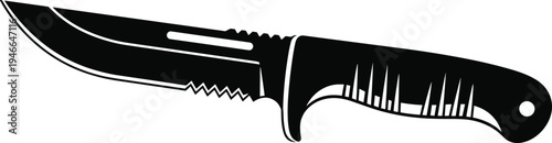 Black and white silhouette illustration of tactical survival knife with curved blade, serrated edge, clip point tip, ergonomic textured handle, and lanyard hole design