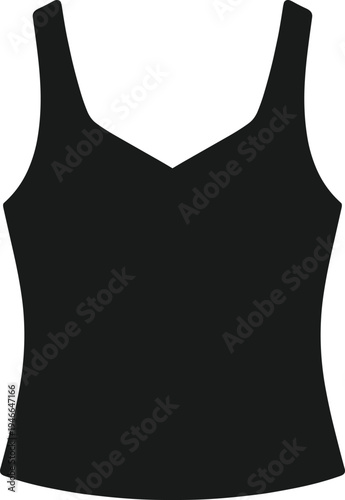 Black silhouette illustration of sleeveless fitted tank top with V‑neckline, casual fashion garment icon representing modern clothing style, layering piece, and apparel design