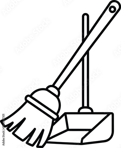 A black and white line drawing of a broom and dustpan for cleaning purposes