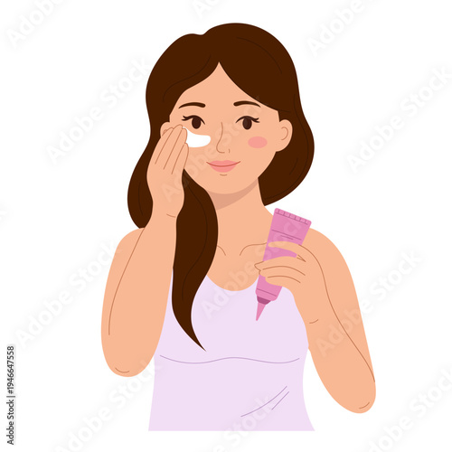 Young woman applying eye cream under eye from small cosmetic tube. Female character doing daily facial skincare routine, moisturizing skin and caring for beauty and healthy appearance isolated.