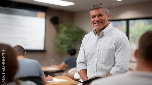 Wallpaper Mural Veteran suicide prevention coordinator trains volunteers in empty classroom, role-playing scenarios, crisis resources projected on screen, attentive learners taking notes, ideal for intervention Torontodigital.ca