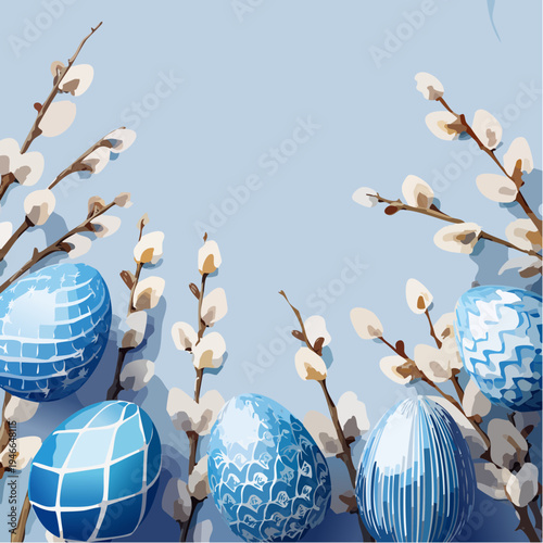 Blue Easter Eggs with Pussy Willow Branches Decorative Spring Vector Illustration