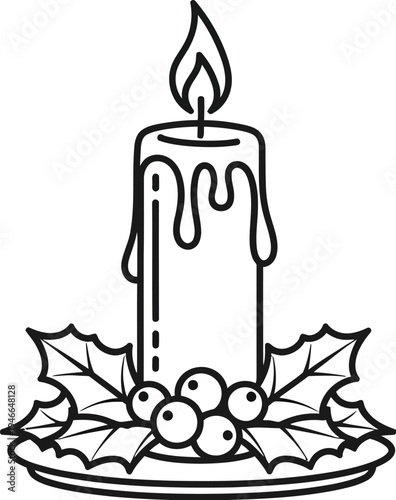 Christmas candle with holly and berries on a plate with a flame burning brightly