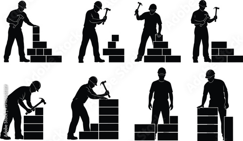 Bricklayer worker silhouettes building brick wall with hammer, construction mason labor activity set, industrial building workforce vector illustration isolated