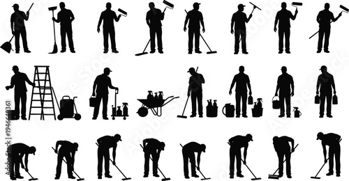 Cleaning worker silhouettes collection, janitor staff with mop broom and tools, sanitation service team working poses, professional cleaning workforce vector illustration isolated