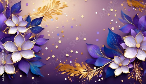 purple flowers with blue leaves and white dots on lavender background gold