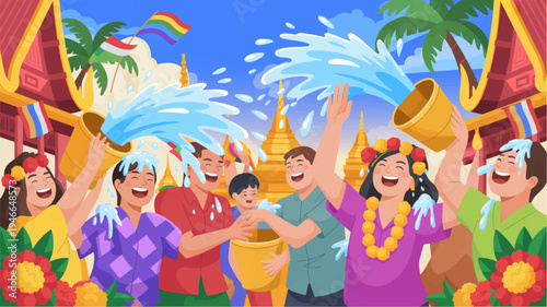 Vibrant thai new year celebration with people splashing water wearing traditional clothing and accessories surrounded by flowers and temples
