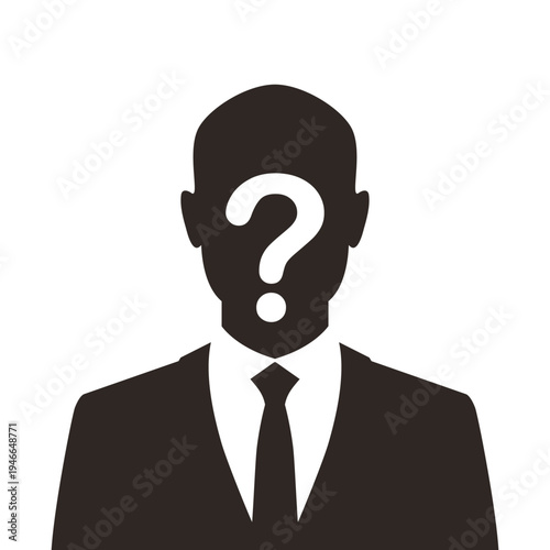 Unknown businessman silhouette with question mark graphic icon. Anonymous  man in a suit sign isolated on white background. Vector illustration