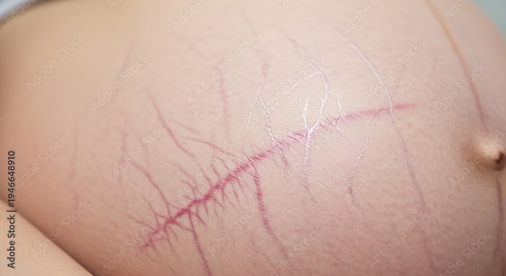 Fototapeta premium Macro view of stretch marks on female abdomen with soft body curves. Concept of natural body changes dermatology and skin elasticity.
