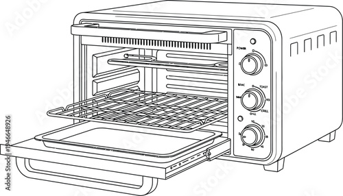 Small countertop toaster oven with open door and control panel on the side clearly shown