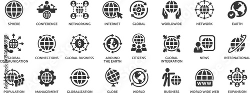 Worldwide icon set. Containing world, international, global, earth, network, sphere and globe.