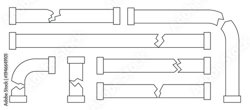 Broken Pipe & Water Leak Vector Icons – Burst Pipeline, Dripping Faucet, and Plumbing Damage Illustrations