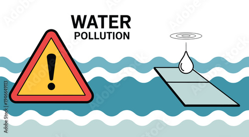 Water Pollution Warning Sign, environmental hazard symbol with exclamation mark and pipe releasing waste into ocean waves, vector illustration