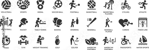Sports icon set. Containing football, basketball, trophy, competition, medal, gym, volleyball and more.